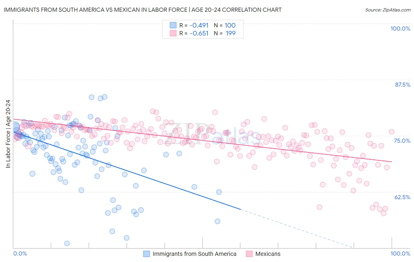 Immigrants from South America vs Mexican In Labor Force | Age 20-24