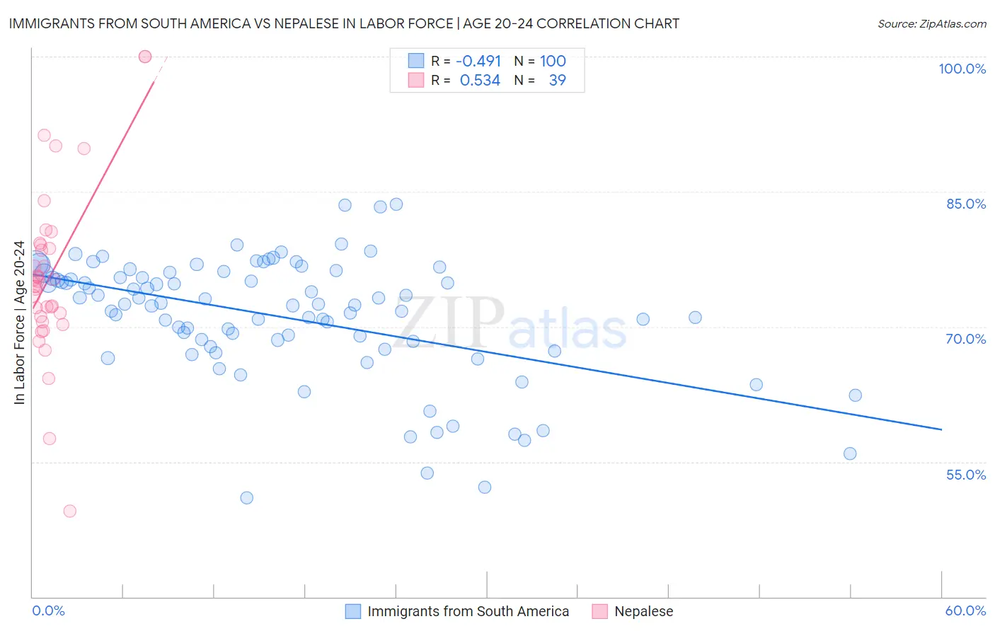 Immigrants from South America vs Nepalese In Labor Force | Age 20-24