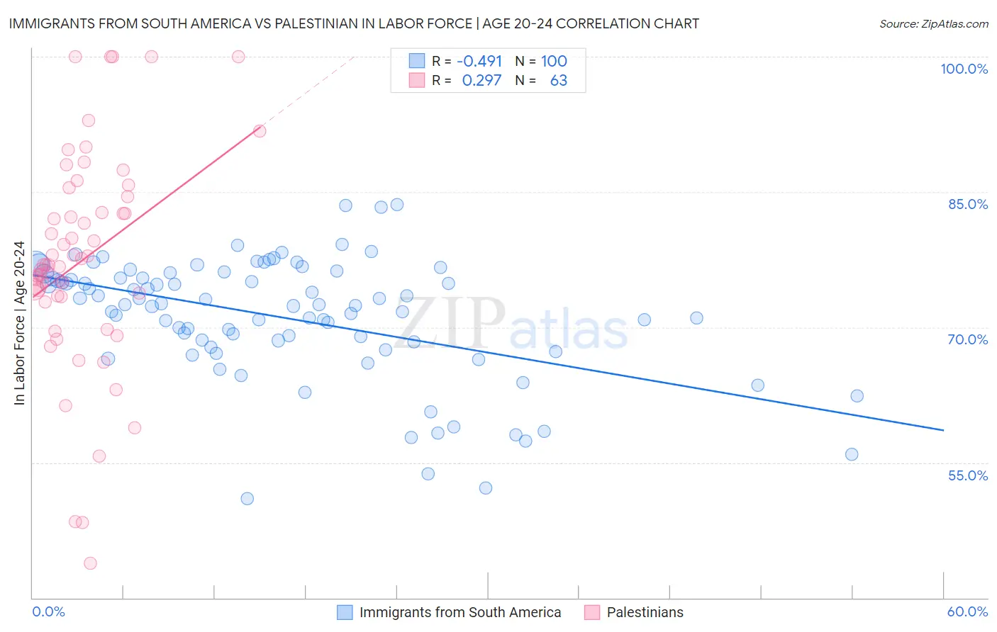 Immigrants from South America vs Palestinian In Labor Force | Age 20-24
