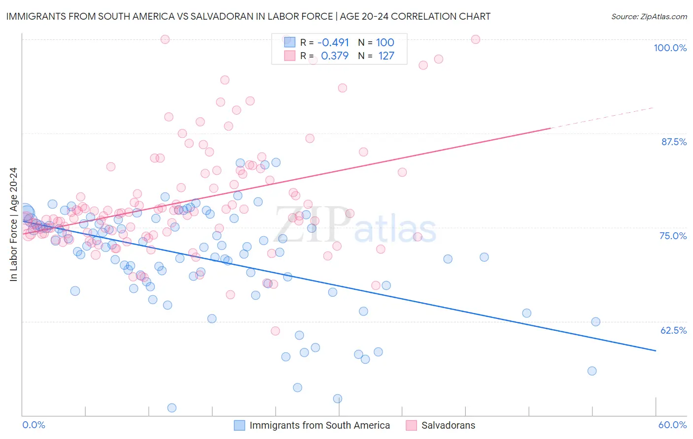 Immigrants from South America vs Salvadoran In Labor Force | Age 20-24