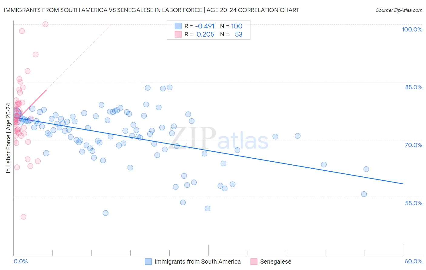 Immigrants from South America vs Senegalese In Labor Force | Age 20-24
