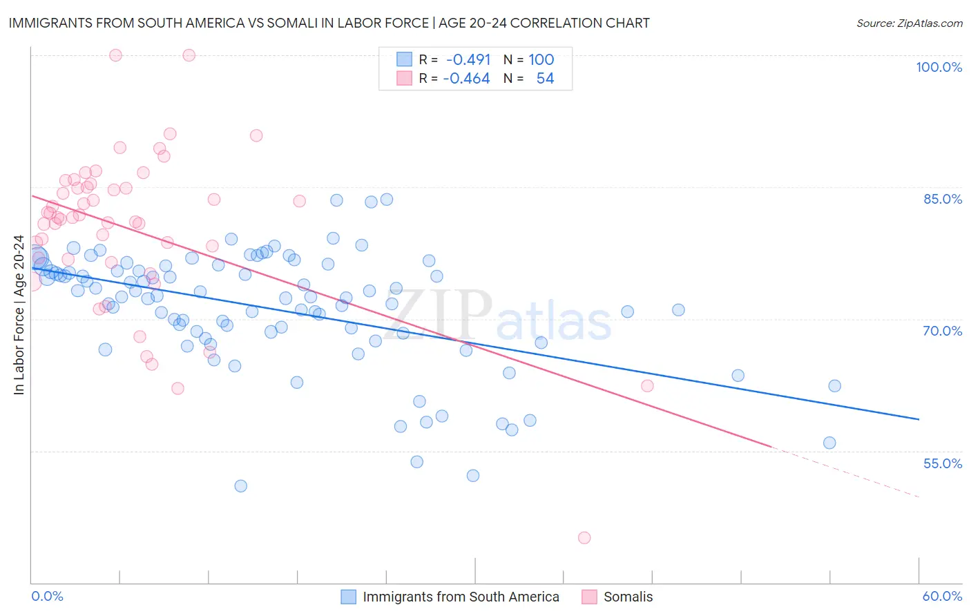 Immigrants from South America vs Somali In Labor Force | Age 20-24
