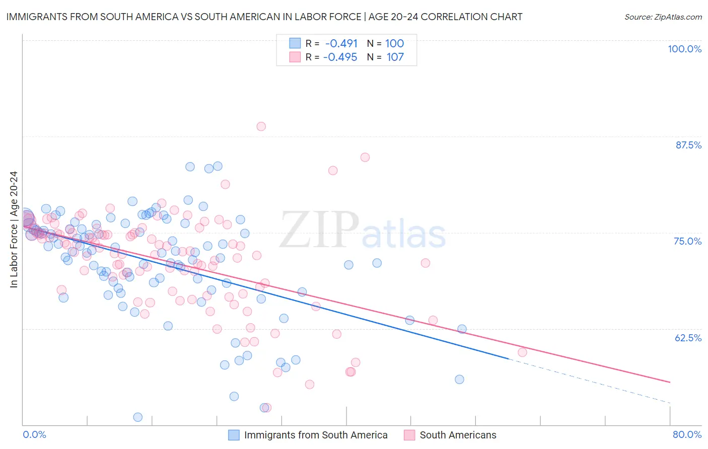 Immigrants from South America vs South American In Labor Force | Age 20-24