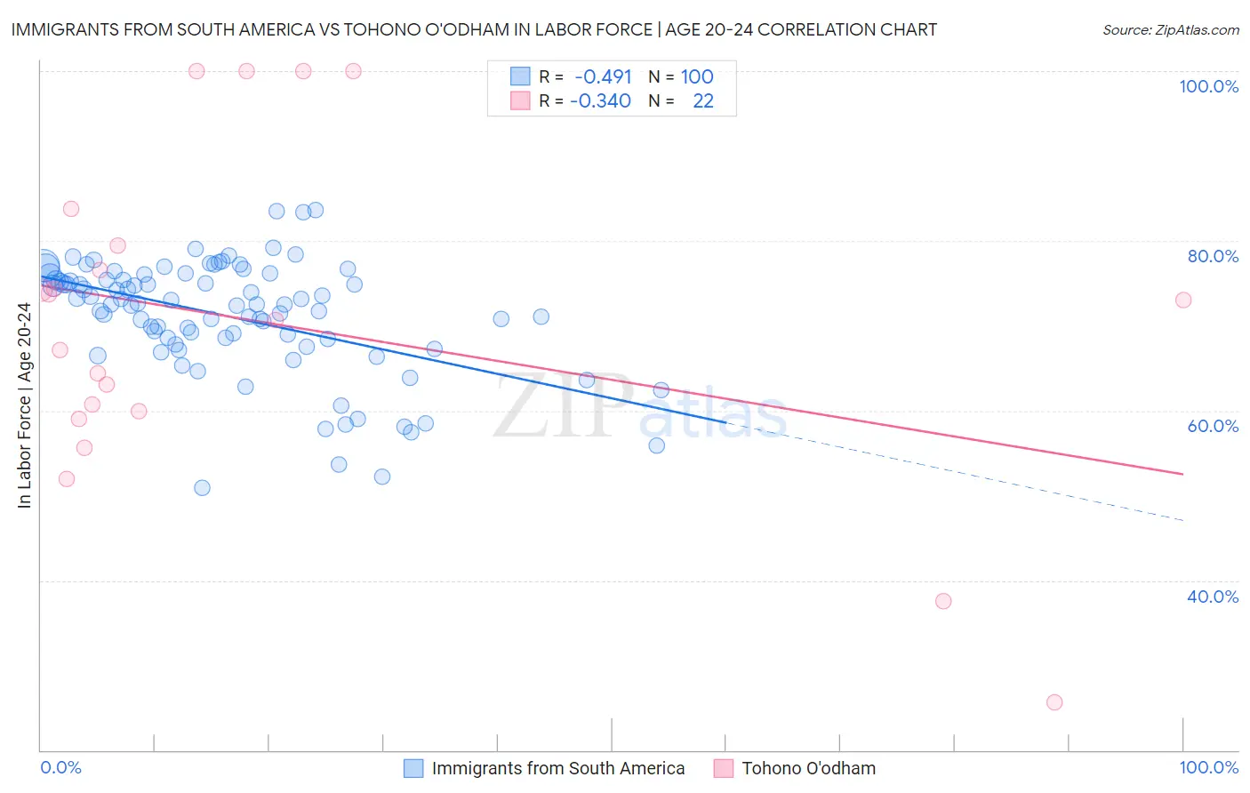 Immigrants from South America vs Tohono O'odham In Labor Force | Age 20-24