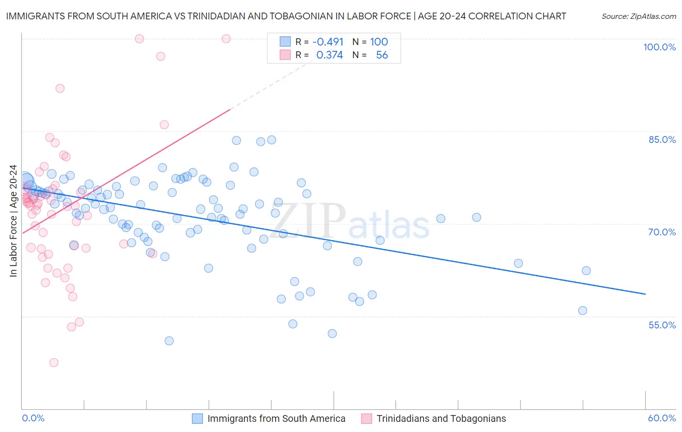 Immigrants from South America vs Trinidadian and Tobagonian In Labor Force | Age 20-24