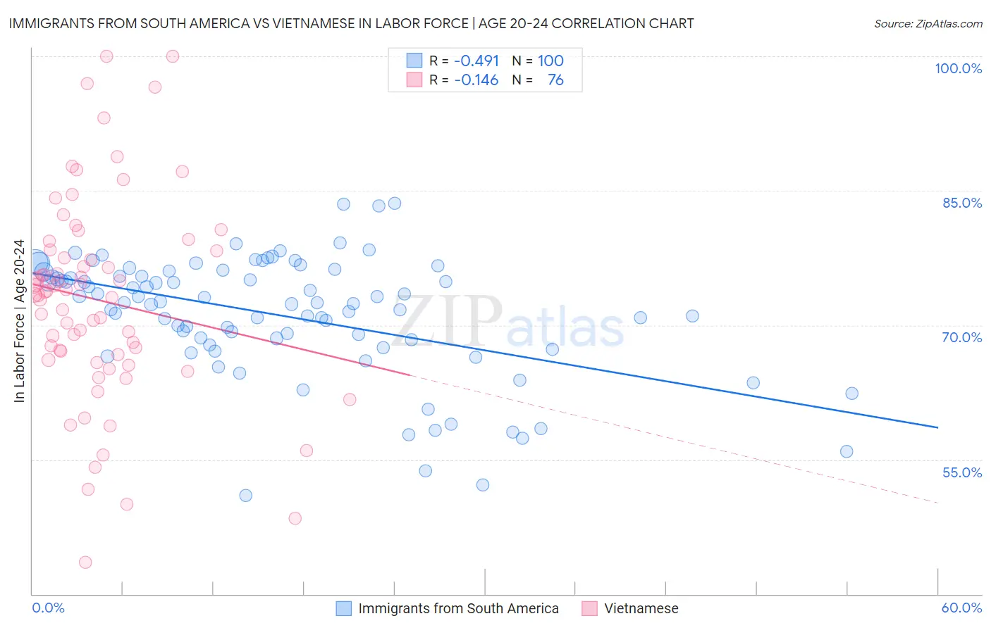 Immigrants from South America vs Vietnamese In Labor Force | Age 20-24