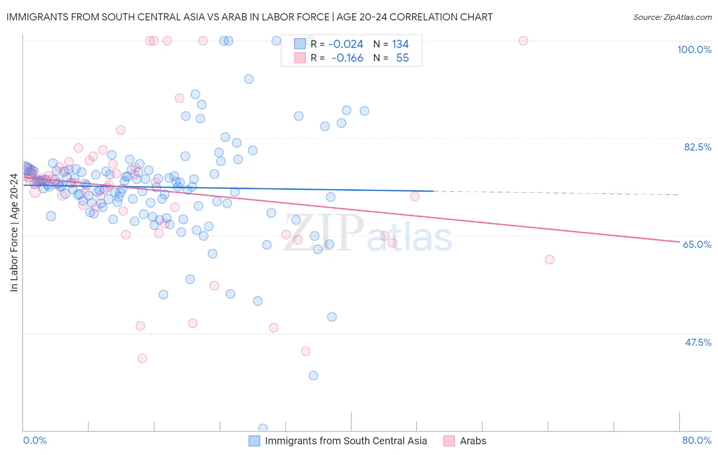 Immigrants from South Central Asia vs Arab In Labor Force | Age 20-24