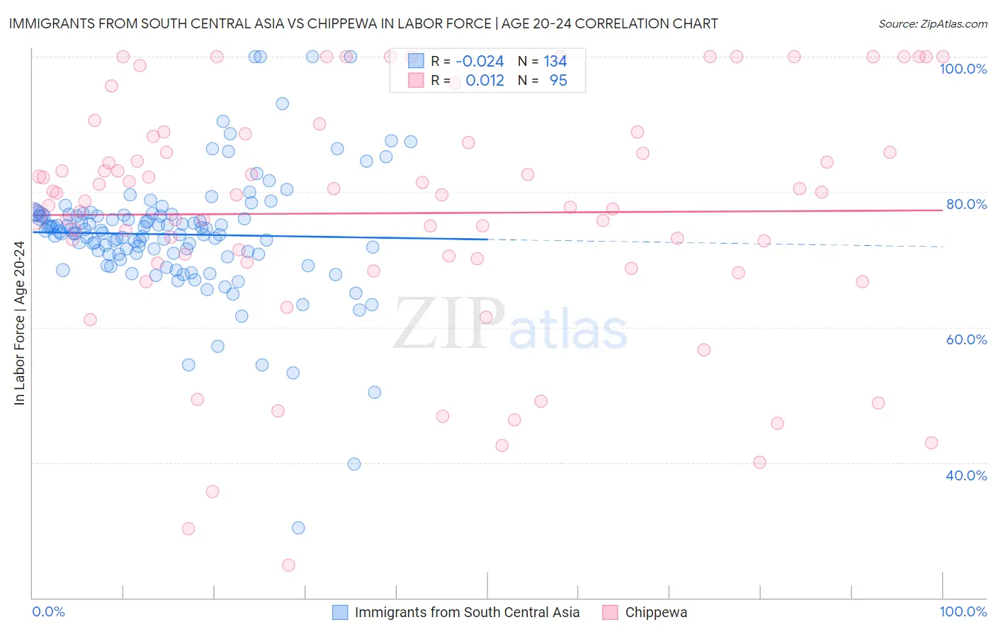 Immigrants from South Central Asia vs Chippewa In Labor Force | Age 20-24