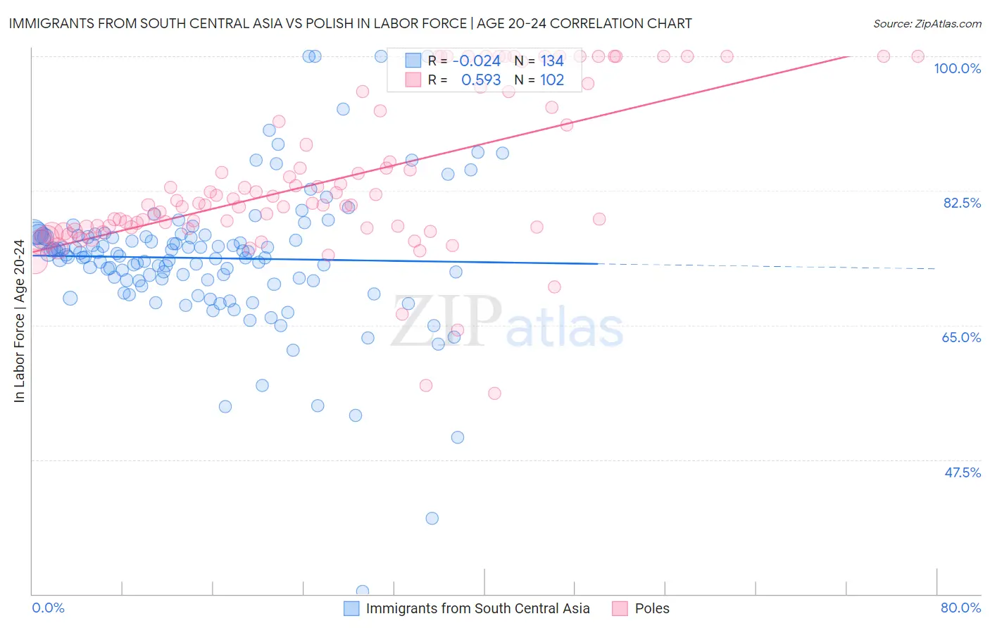 Immigrants from South Central Asia vs Polish In Labor Force | Age 20-24