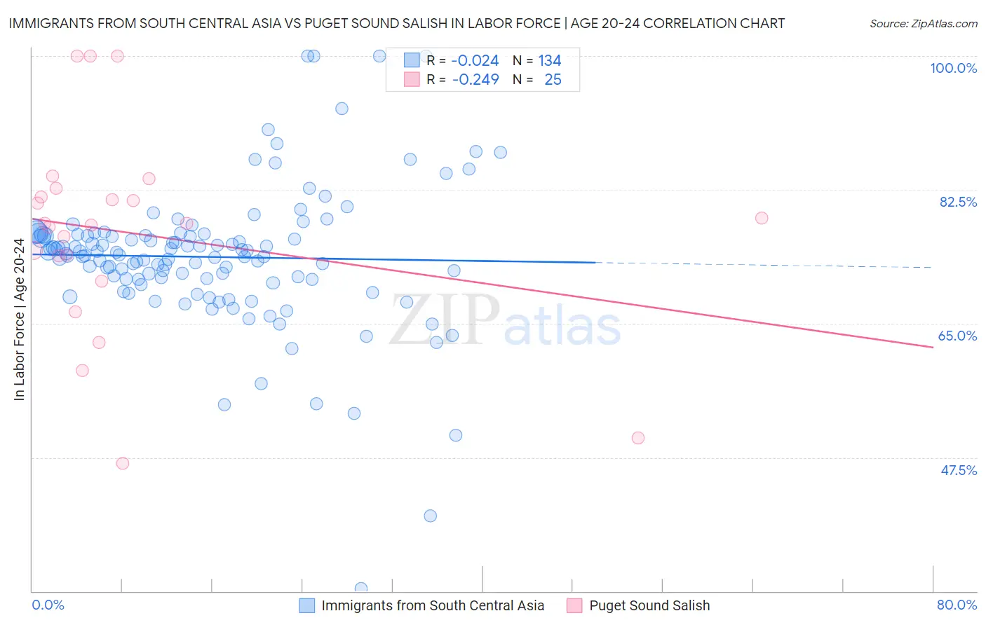 Immigrants from South Central Asia vs Puget Sound Salish In Labor Force | Age 20-24