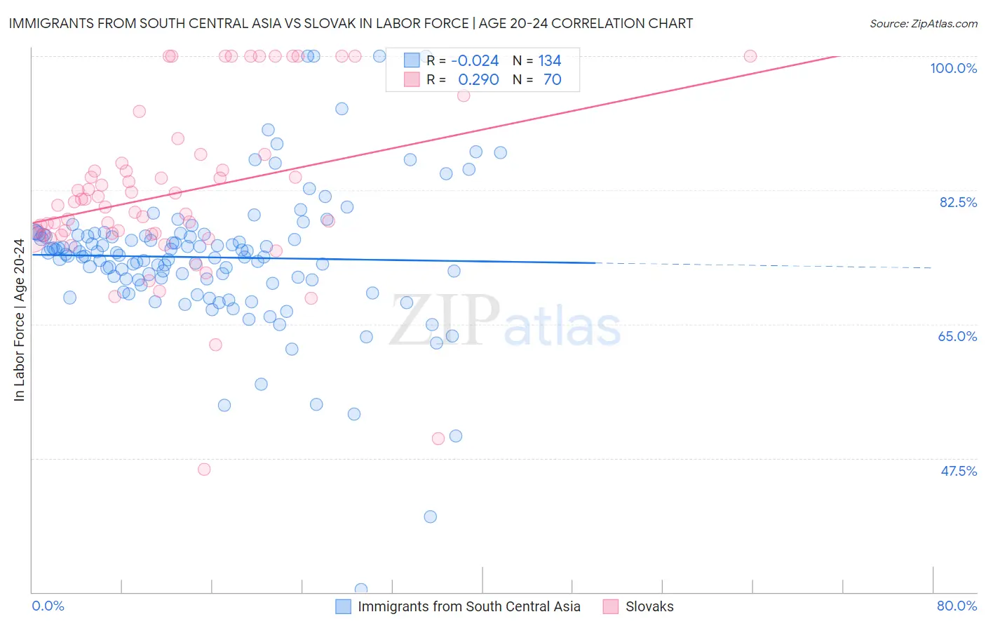Immigrants from South Central Asia vs Slovak In Labor Force | Age 20-24