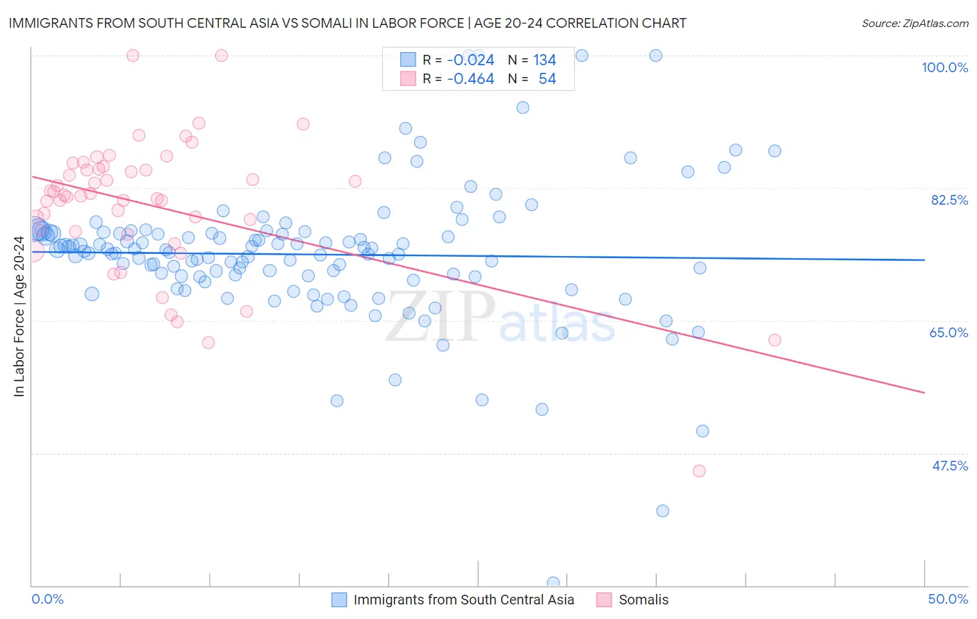 Immigrants from South Central Asia vs Somali In Labor Force | Age 20-24