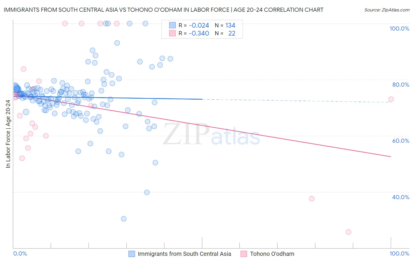 Immigrants from South Central Asia vs Tohono O'odham In Labor Force | Age 20-24