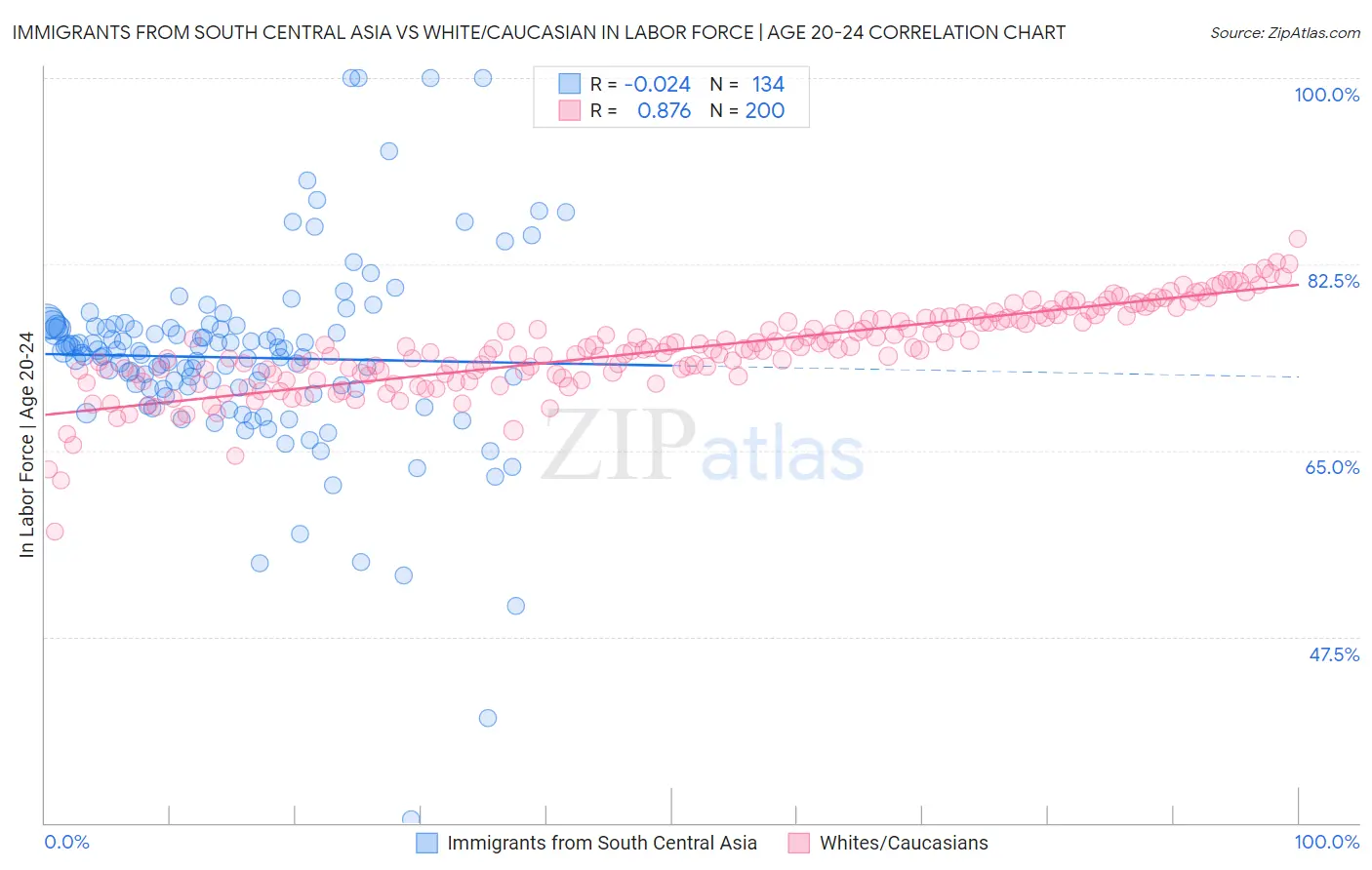 Immigrants from South Central Asia vs White/Caucasian In Labor Force | Age 20-24