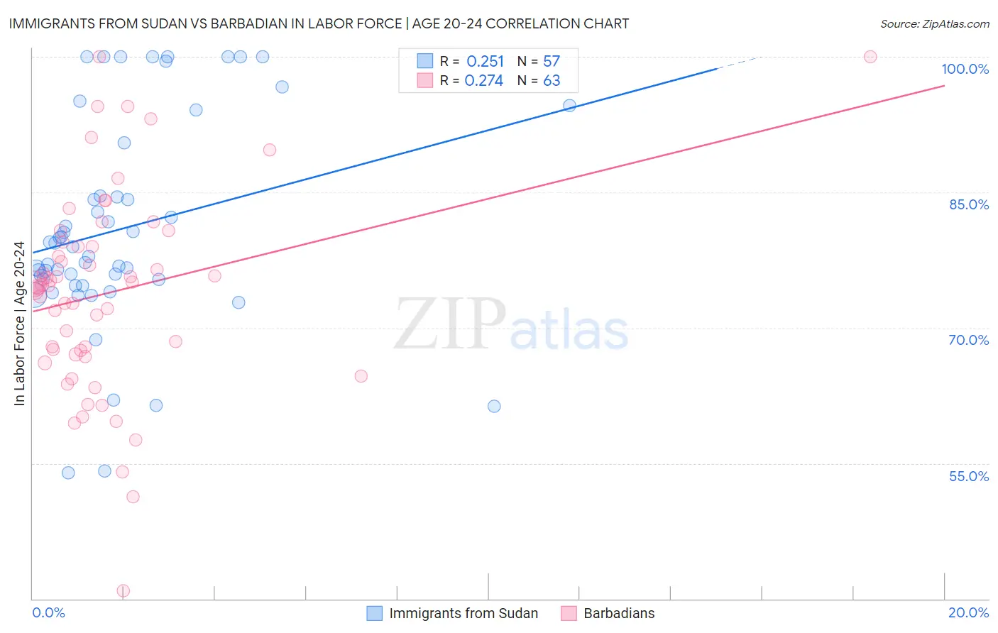Immigrants from Sudan vs Barbadian In Labor Force | Age 20-24