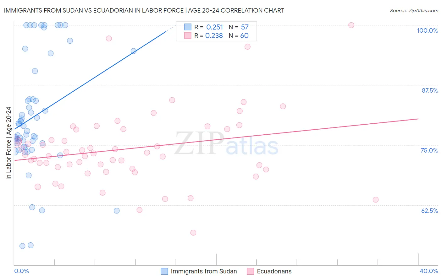 Immigrants from Sudan vs Ecuadorian In Labor Force | Age 20-24