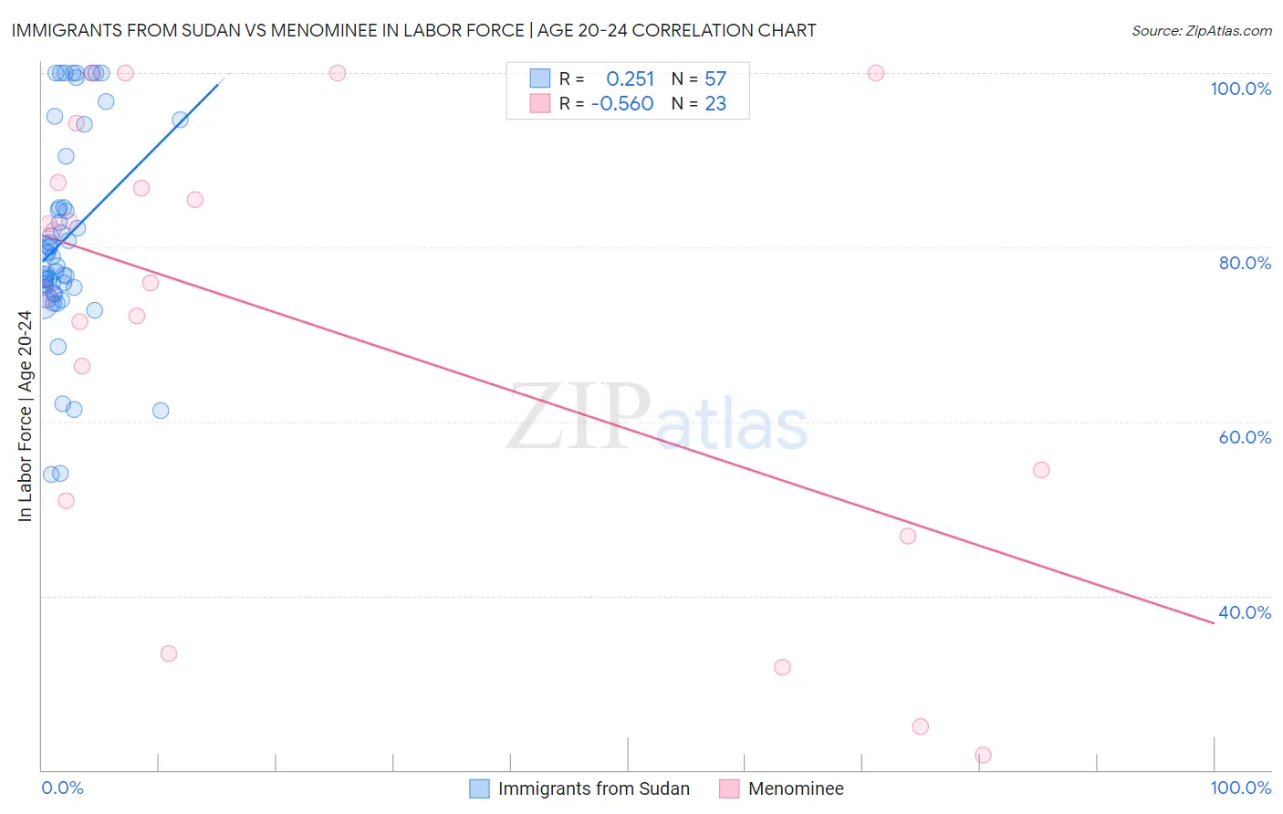 Immigrants from Sudan vs Menominee In Labor Force | Age 20-24
