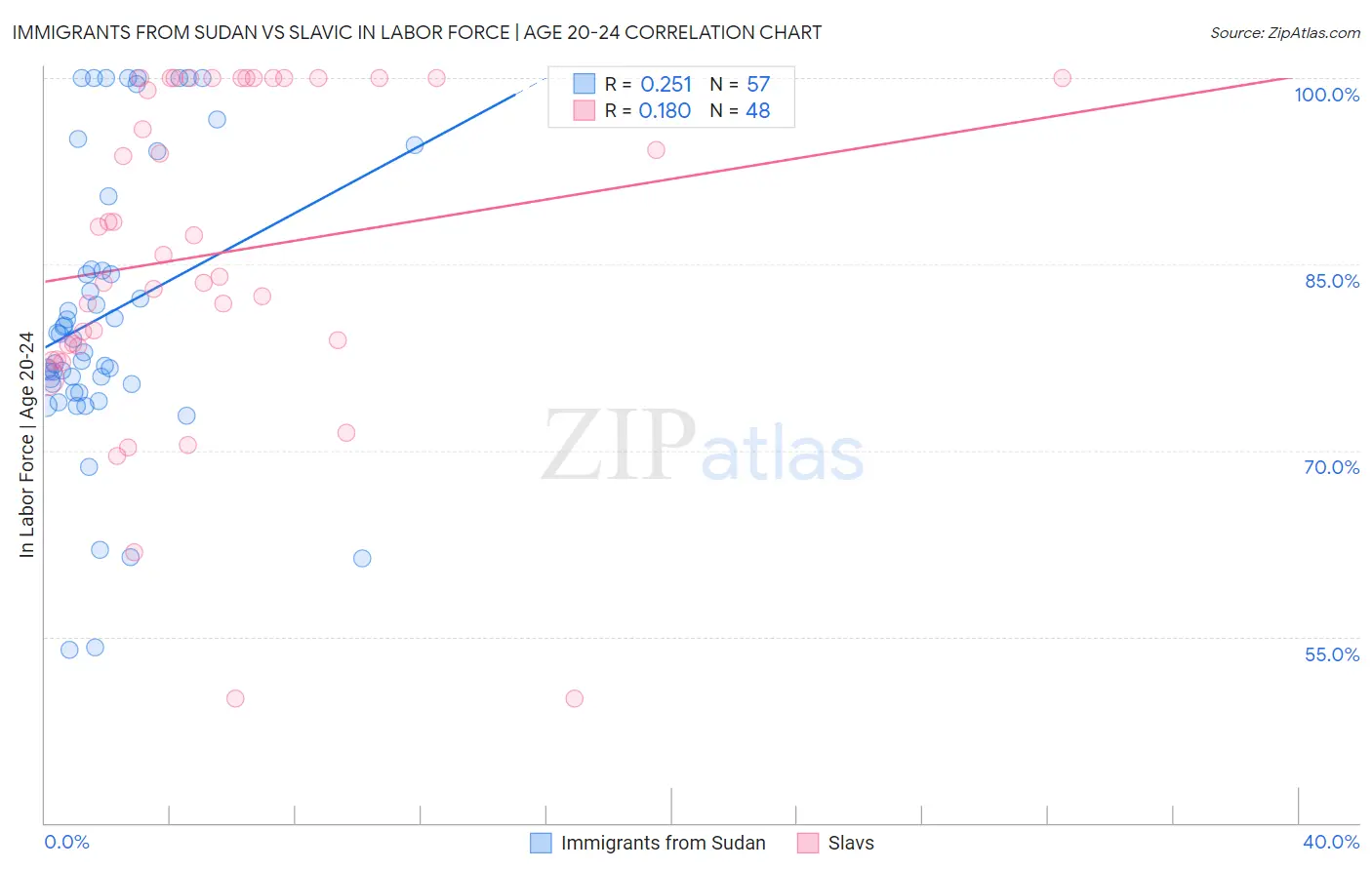 Immigrants from Sudan vs Slavic In Labor Force | Age 20-24
