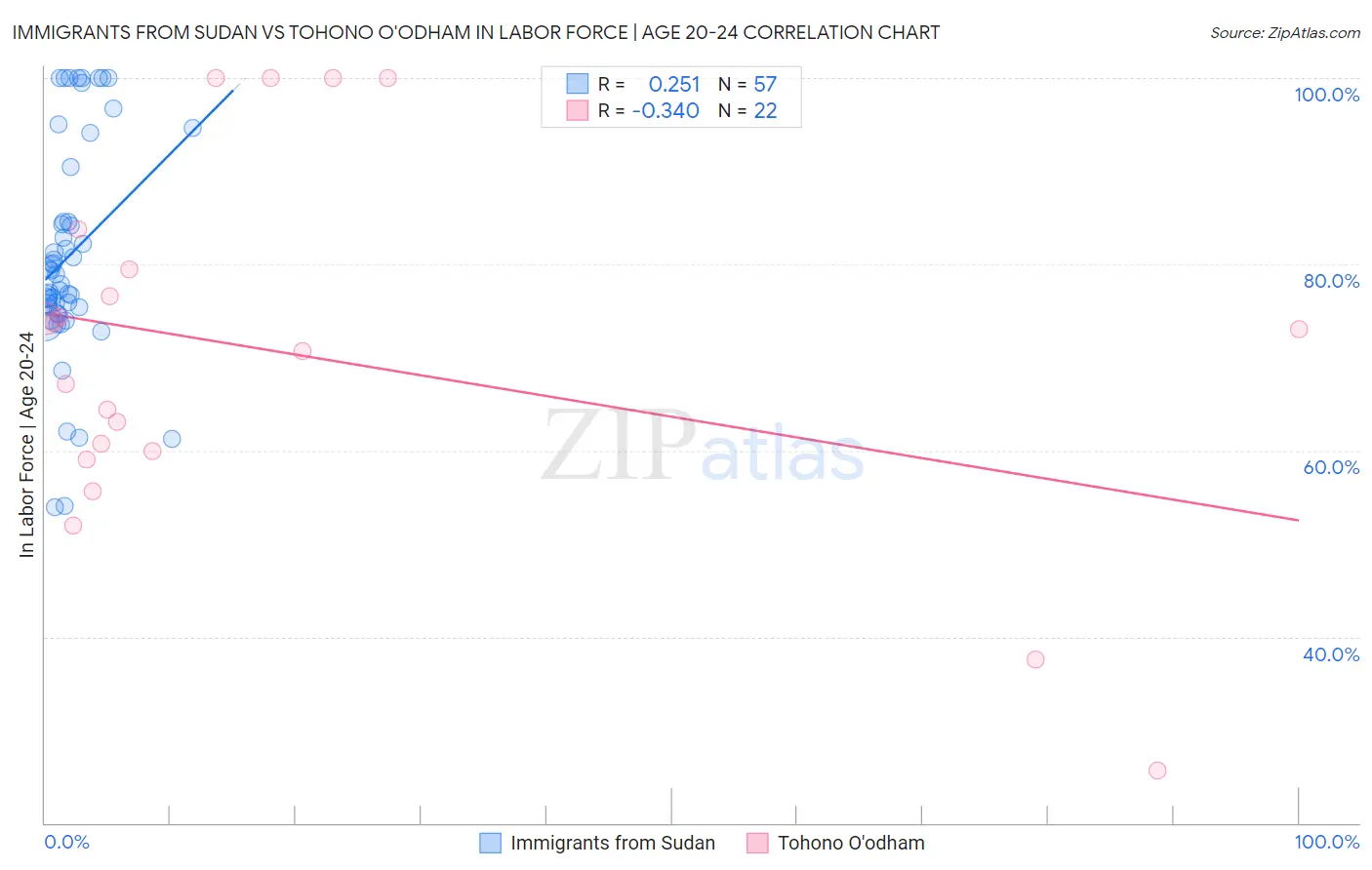 Immigrants from Sudan vs Tohono O'odham In Labor Force | Age 20-24