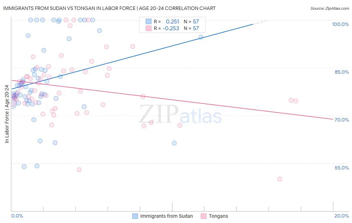 Immigrants from Sudan vs Tongan In Labor Force | Age 20-24