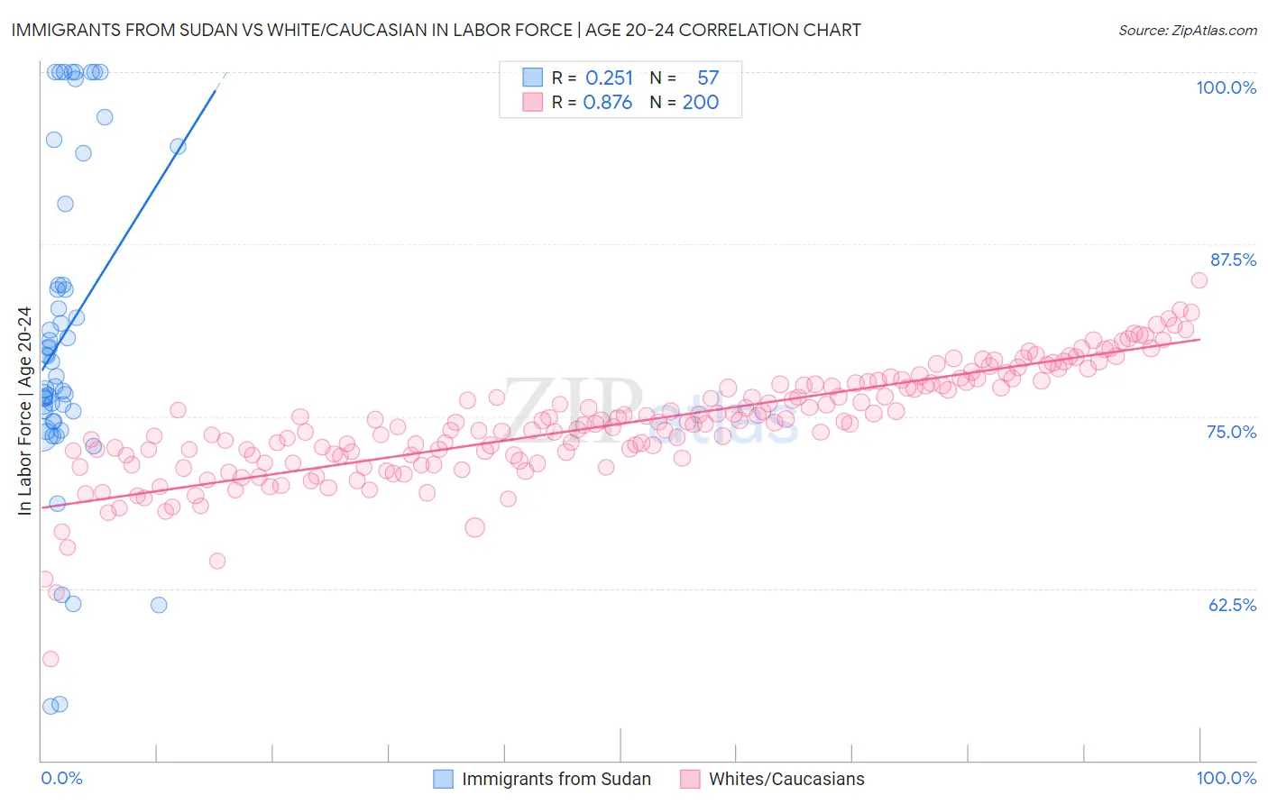 Immigrants from Sudan vs White/Caucasian In Labor Force | Age 20-24