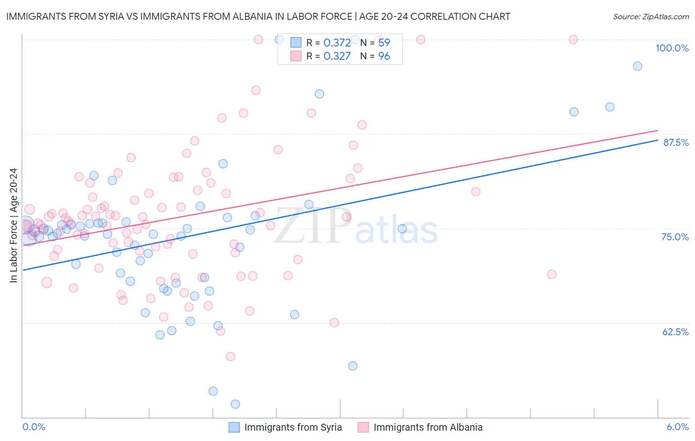 Immigrants from Syria vs Immigrants from Albania In Labor Force | Age 20-24