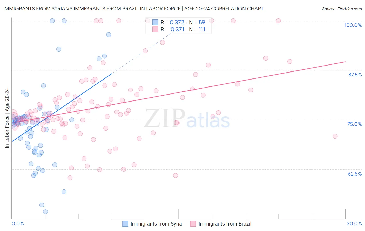 Immigrants from Syria vs Immigrants from Brazil In Labor Force | Age 20-24