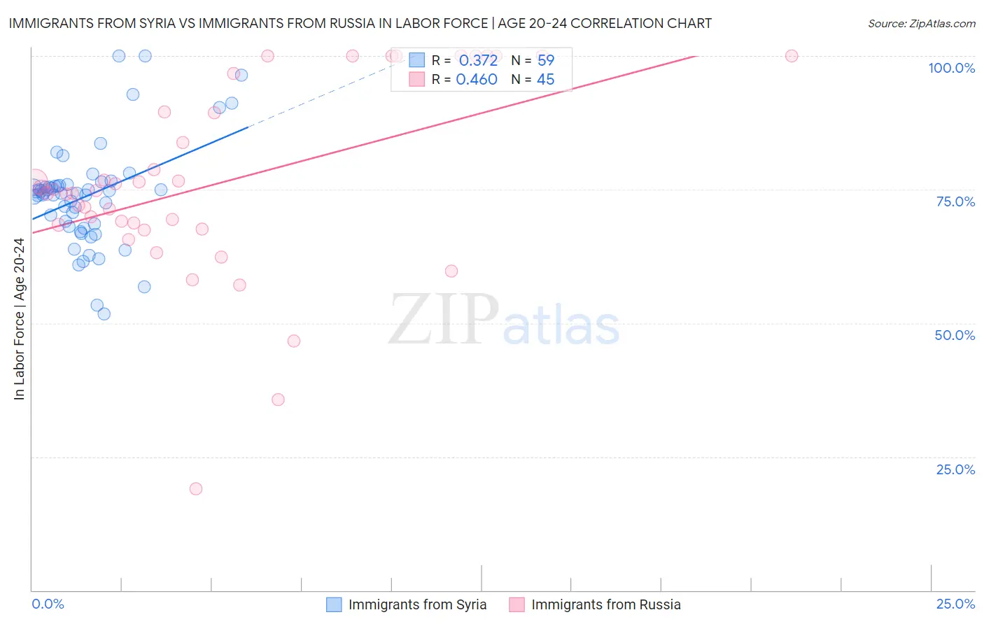 Immigrants from Syria vs Immigrants from Russia In Labor Force | Age 20-24