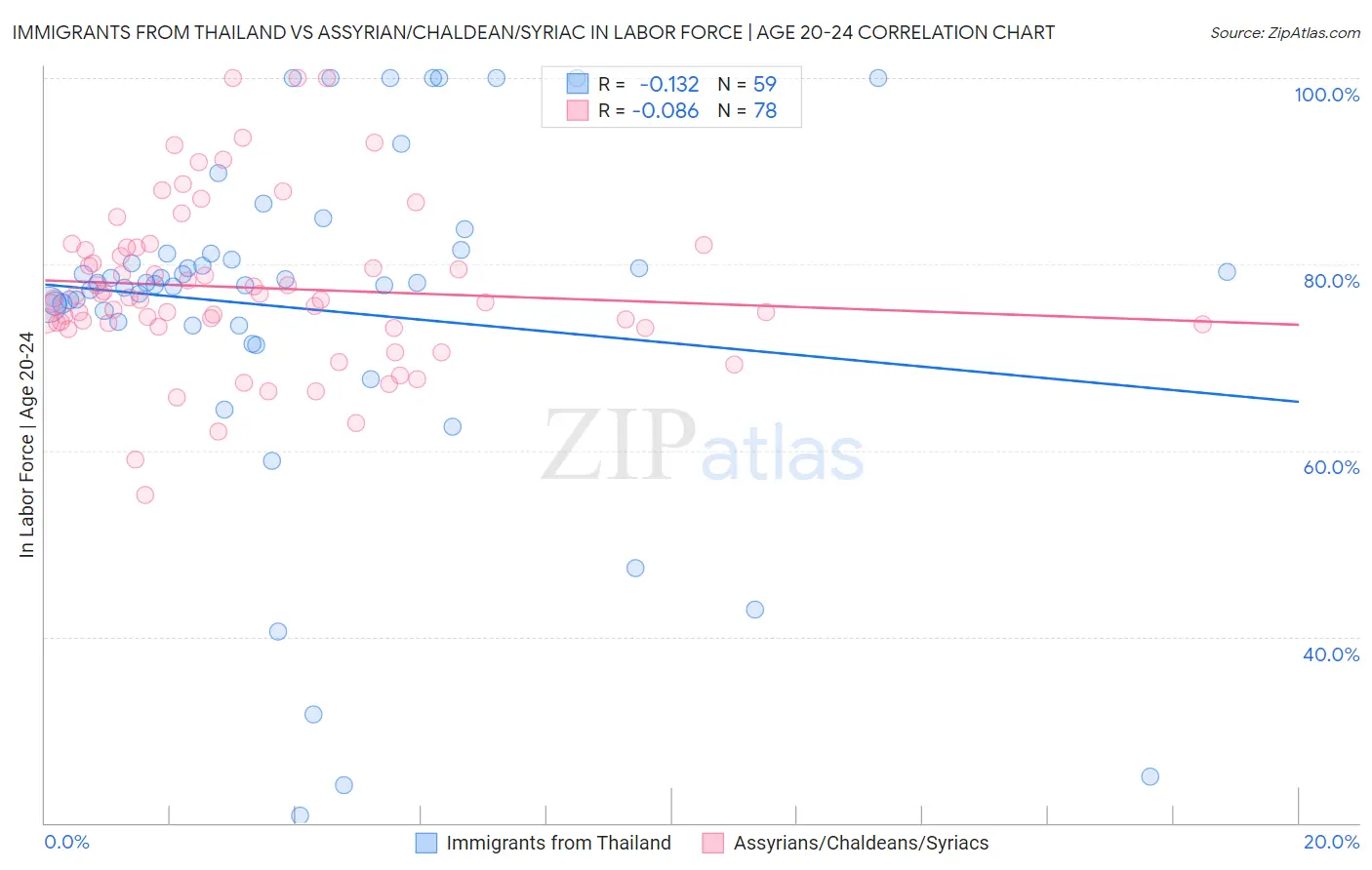 Immigrants from Thailand vs Assyrian/Chaldean/Syriac In Labor Force | Age 20-24