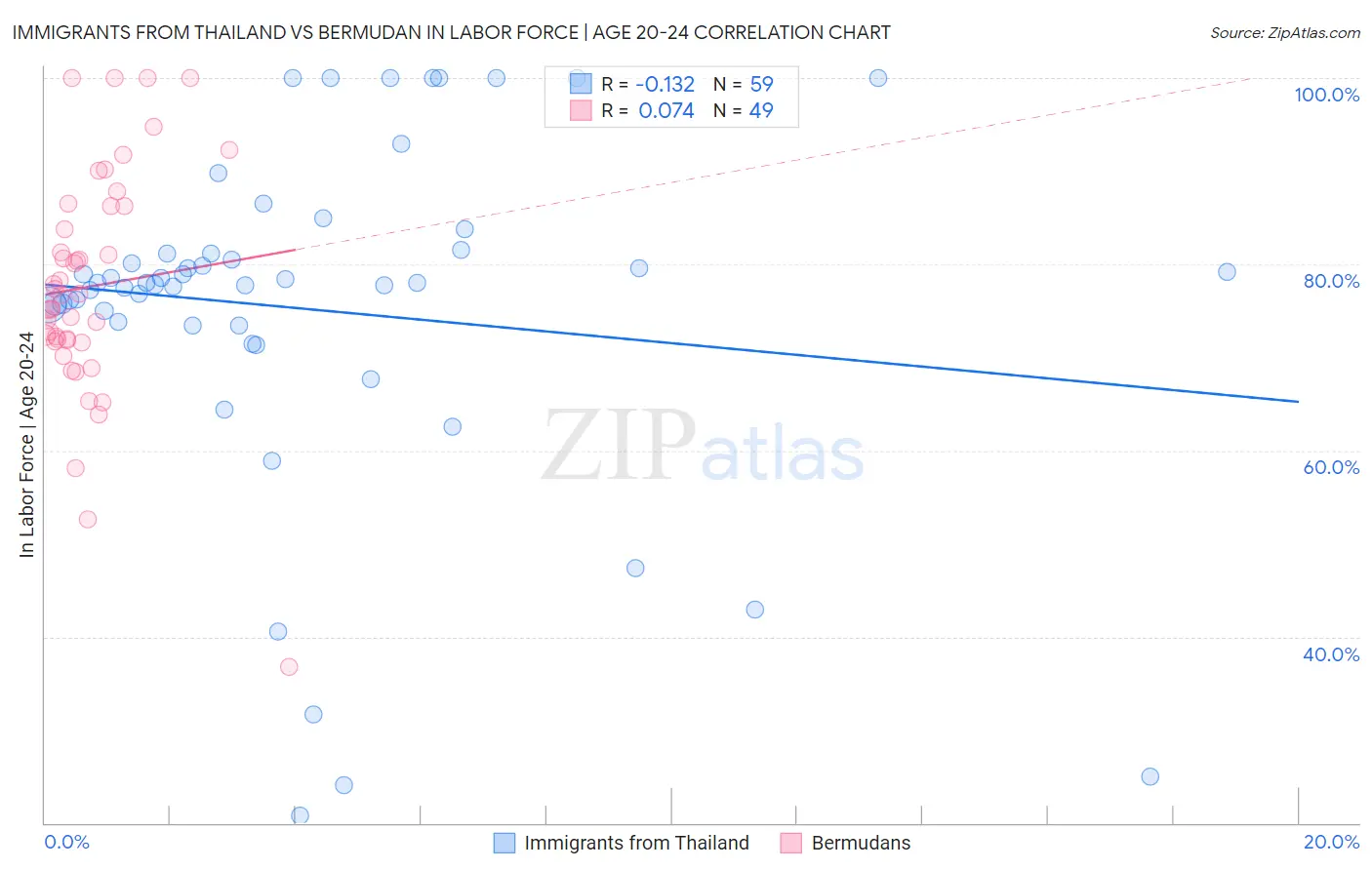 Immigrants from Thailand vs Bermudan In Labor Force | Age 20-24