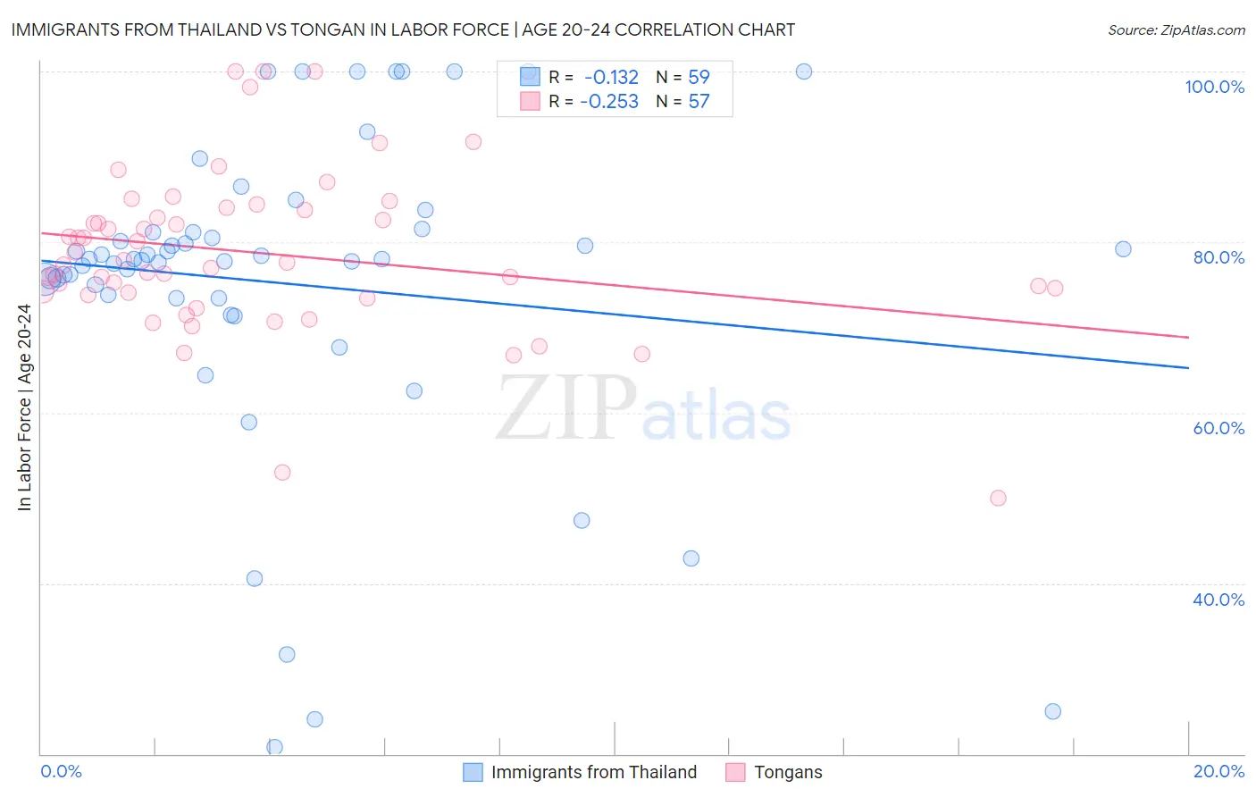 Immigrants from Thailand vs Tongan In Labor Force | Age 20-24