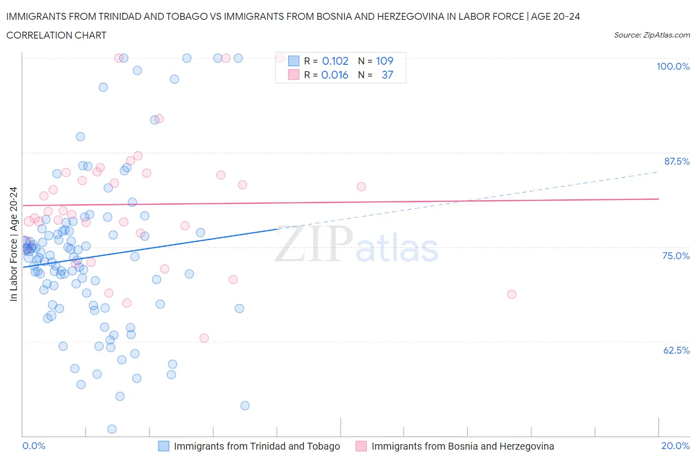 Immigrants from Trinidad and Tobago vs Immigrants from Bosnia and Herzegovina In Labor Force | Age 20-24