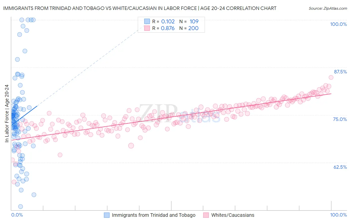 Immigrants from Trinidad and Tobago vs White/Caucasian In Labor Force | Age 20-24