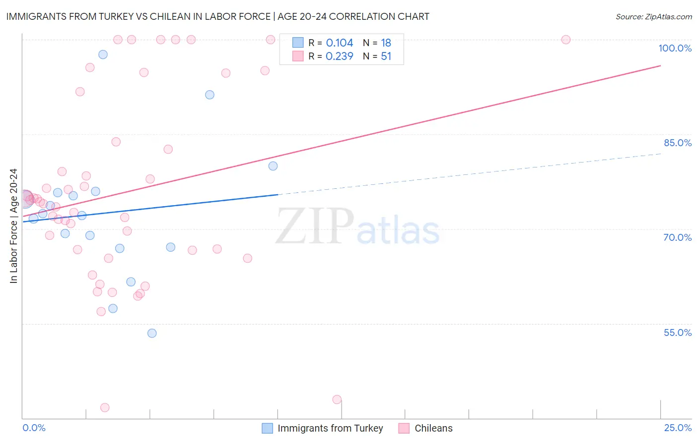 Immigrants from Turkey vs Chilean In Labor Force | Age 20-24