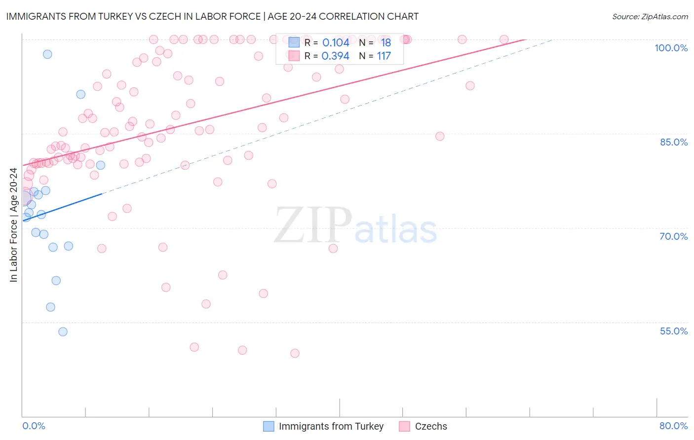 Immigrants from Turkey vs Czech In Labor Force | Age 20-24