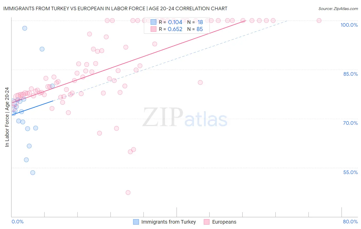 Immigrants from Turkey vs European In Labor Force | Age 20-24