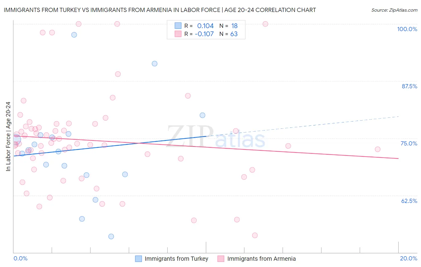 Immigrants from Turkey vs Immigrants from Armenia In Labor Force | Age 20-24