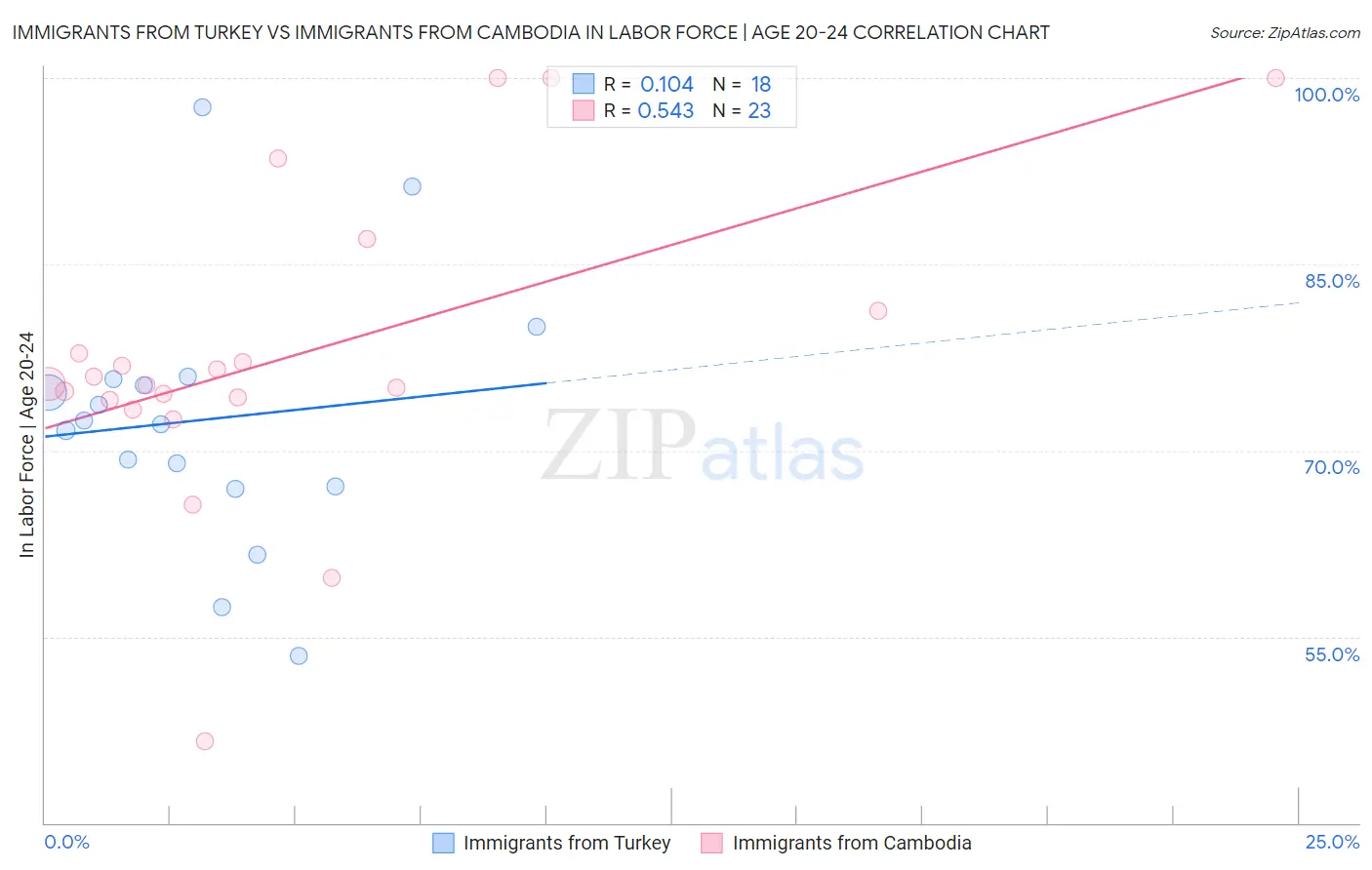 Immigrants from Turkey vs Immigrants from Cambodia In Labor Force | Age 20-24