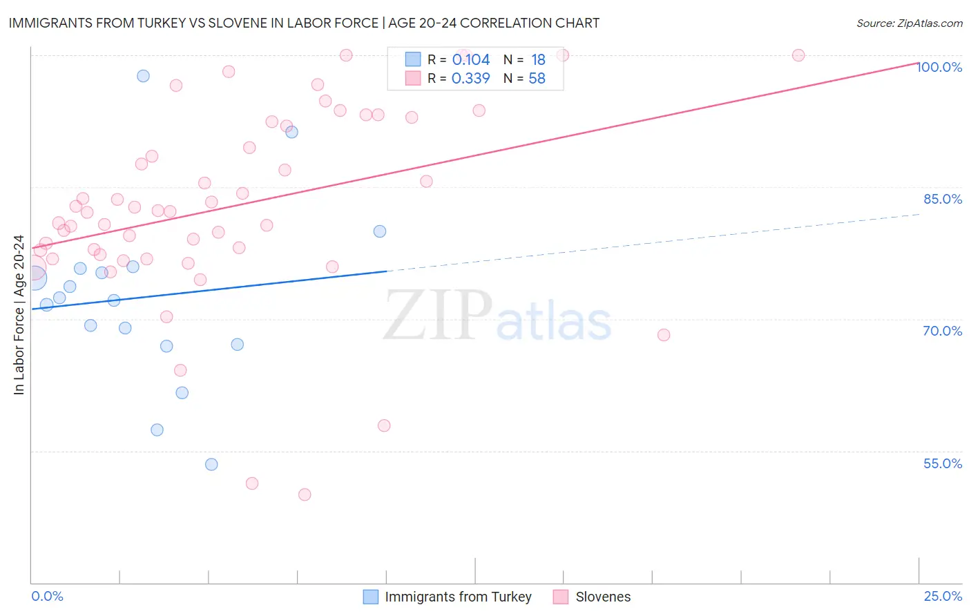 Immigrants from Turkey vs Slovene In Labor Force | Age 20-24