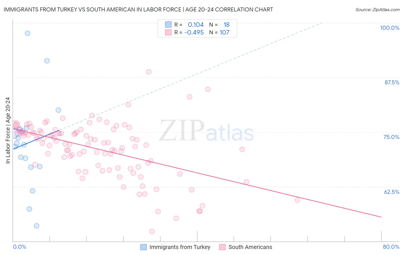 Immigrants from Turkey vs South American In Labor Force | Age 20-24