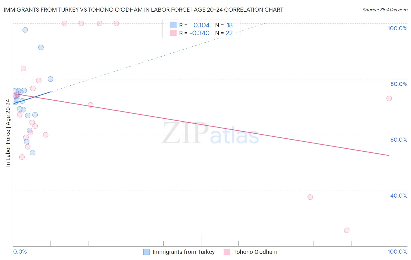 Immigrants from Turkey vs Tohono O'odham In Labor Force | Age 20-24