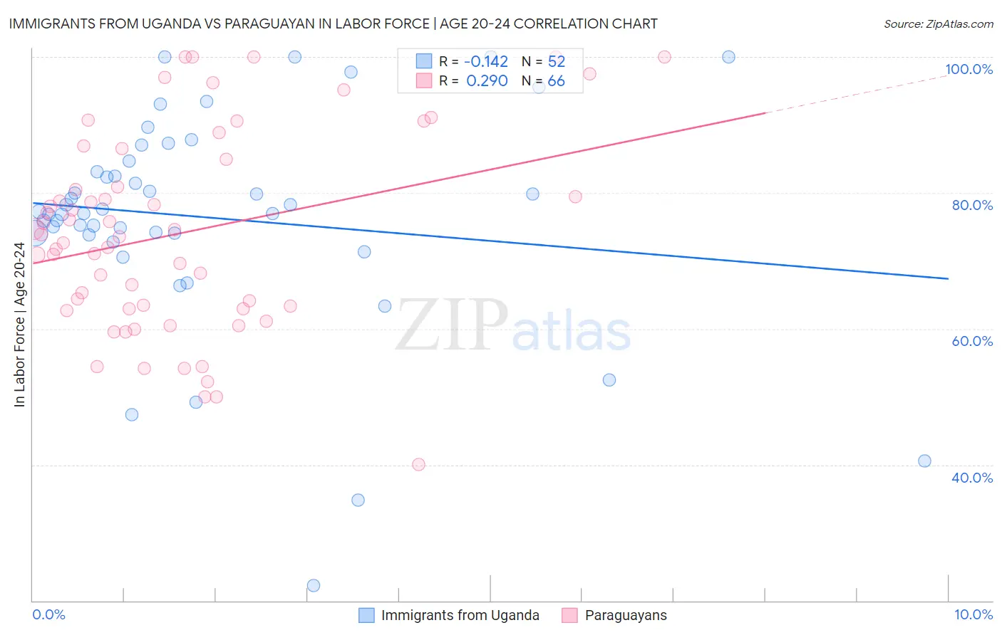 Immigrants from Uganda vs Paraguayan In Labor Force | Age 20-24