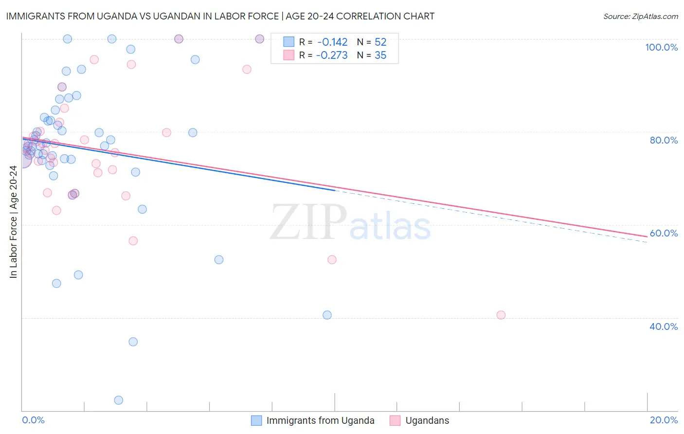 Immigrants from Uganda vs Ugandan In Labor Force | Age 20-24