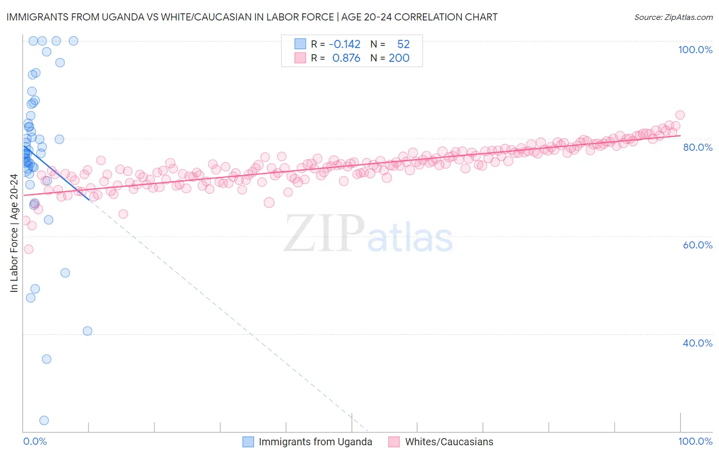 Immigrants from Uganda vs White/Caucasian In Labor Force | Age 20-24