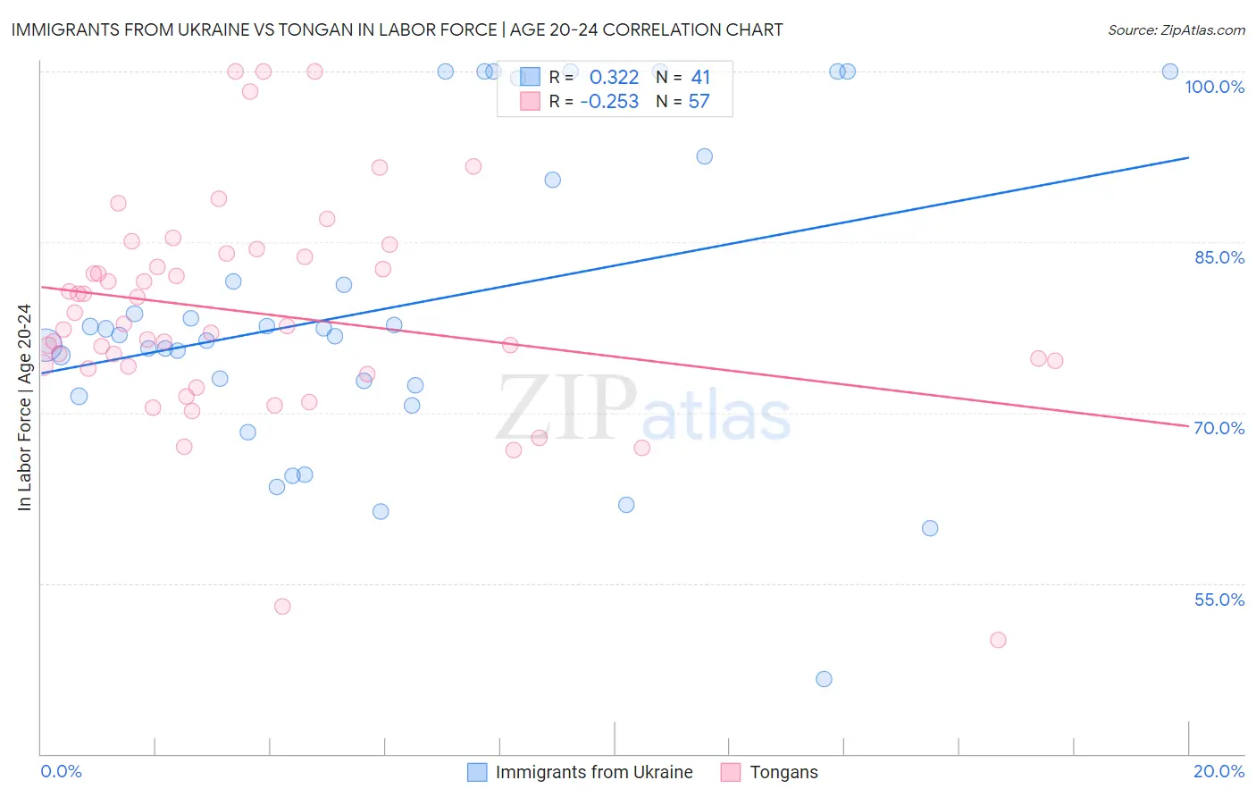Immigrants from Ukraine vs Tongan In Labor Force | Age 20-24
