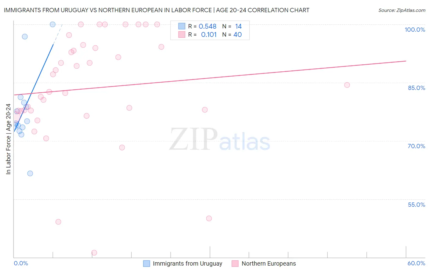 Immigrants from Uruguay vs Northern European In Labor Force | Age 20-24