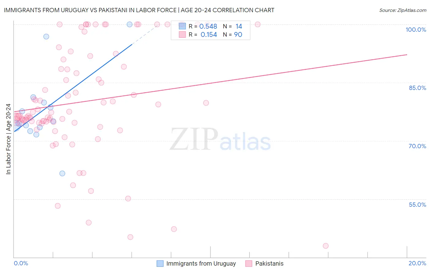 Immigrants from Uruguay vs Pakistani In Labor Force | Age 20-24