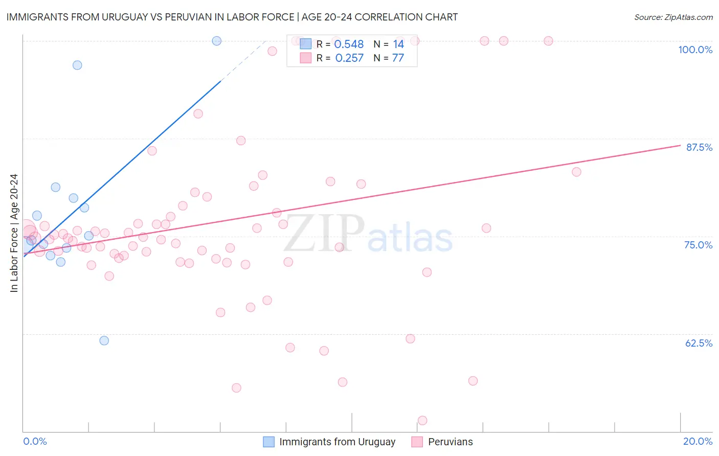 Immigrants from Uruguay vs Peruvian In Labor Force | Age 20-24