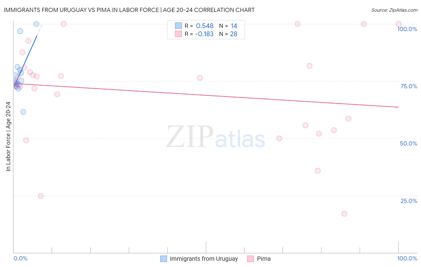 Immigrants from Uruguay vs Pima In Labor Force | Age 20-24