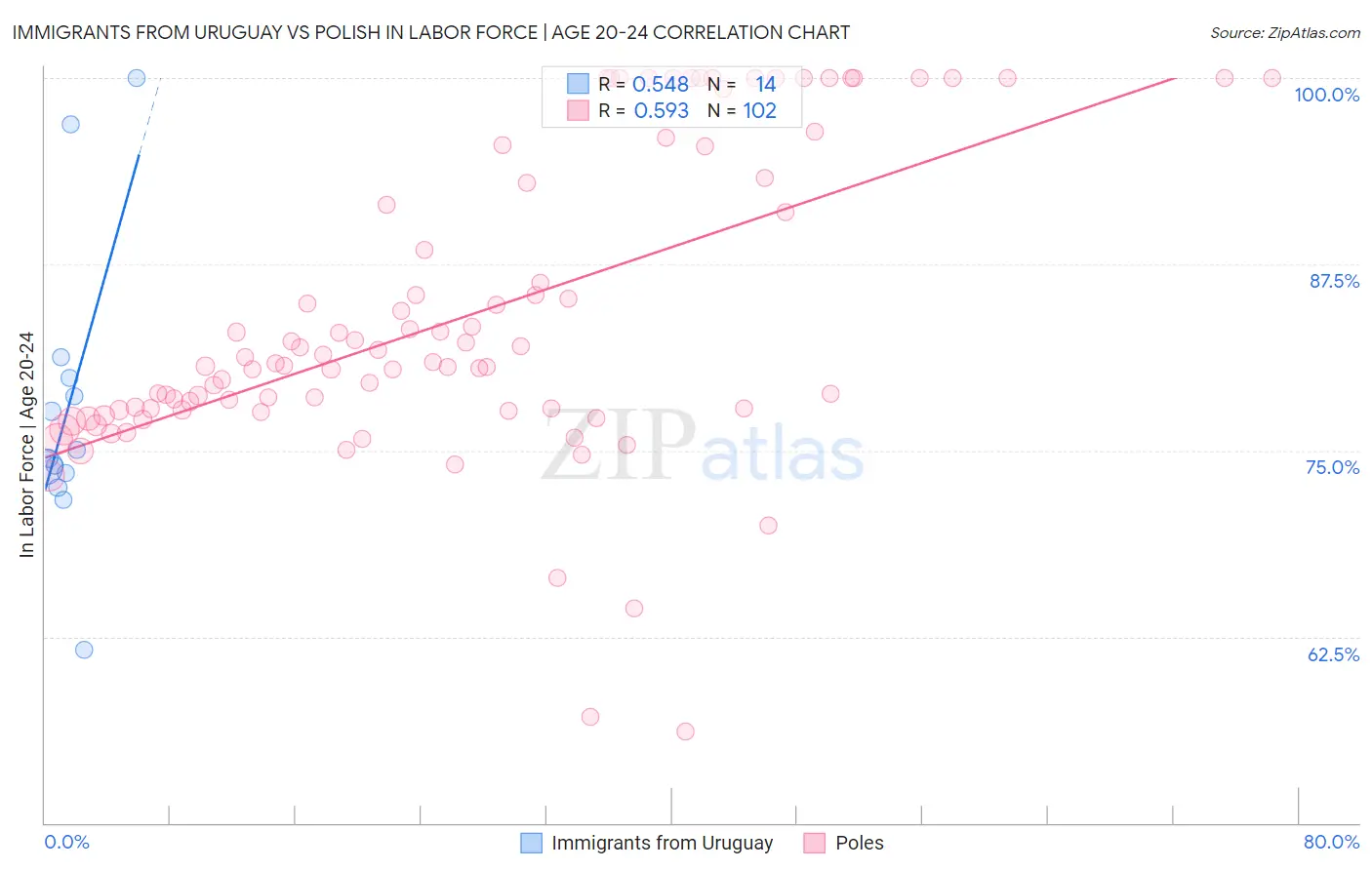Immigrants from Uruguay vs Polish In Labor Force | Age 20-24